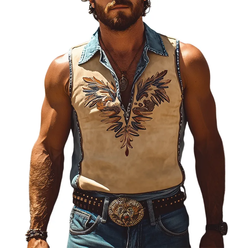 Men's Summer Fashion Retro Western Cowboy Style Denim Stitching Suede Embroidered Tank Top MTA2897D8K sold by Manly