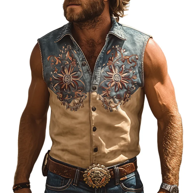 Men's Summer Fashion Retro Western Cowboy Style Denim Stitching Suede Embroidery Sleeveless Shirt MTA2859D1K sold by Manly