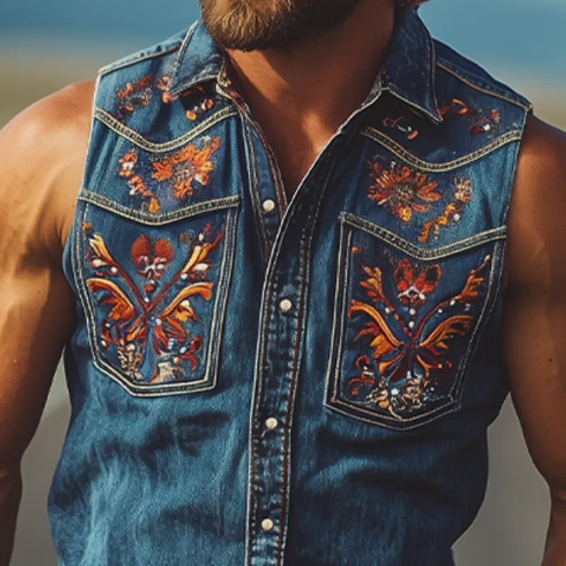 Men's Summer Fashion Retro Western Cowboy Style Denim Embroidery Sleeveless Shirt MTA2808D9K sold by Manly product image thumbnail 4