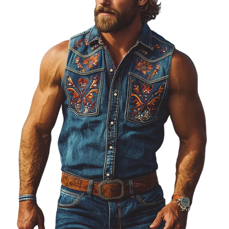 Men's Summer Fashion Retro Western Cowboy Style Denim Embroidery Sleeveless Shirt MTA2808D9K sold by Manly