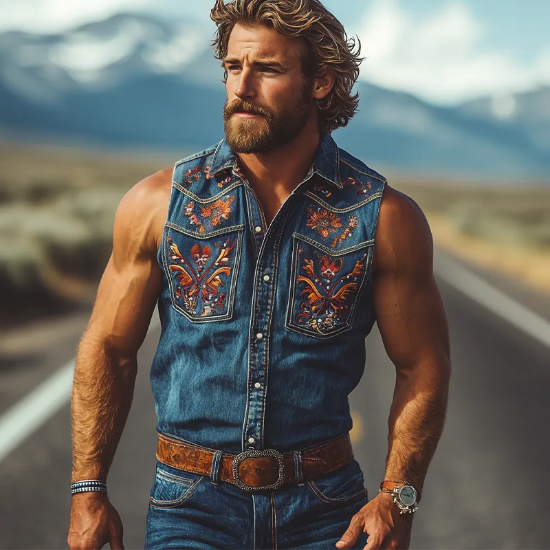 Men's Summer Fashion Retro Western Cowboy Style Denim Embroidery Sleeveless Shirt MTA2808D9K sold by Manly product image thumbnail 3