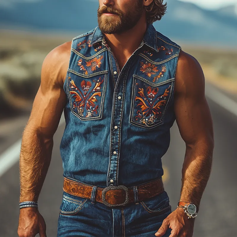 Men's Summer Fashion Retro Western Cowboy Style Denim Embroidery Sleeveless Shirt MTA2808D9K sold by Manly product image thumbnail 2