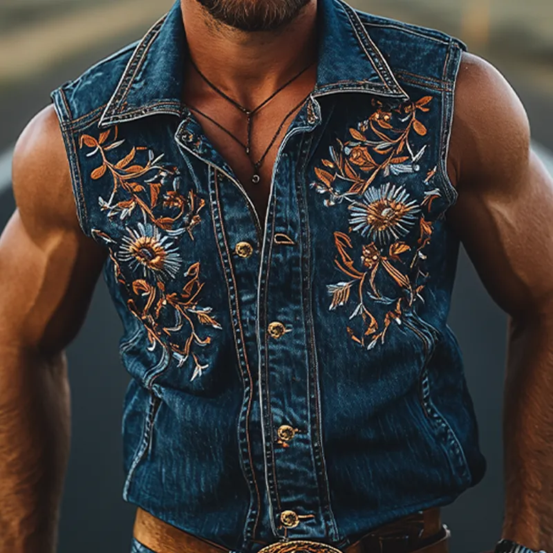 Men's Summer Fashion Retro Western Cowboy Style Denim Embroidery Sleeveless Shirt MTA2846D4K sold by Manly product image thumbnail 4