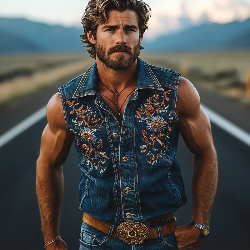 Men's Summer Fashion Retro Western Cowboy Style Denim Embroidery Sleeveless Shirt MTA2846D4K sold by Manly product image thumbnail 3