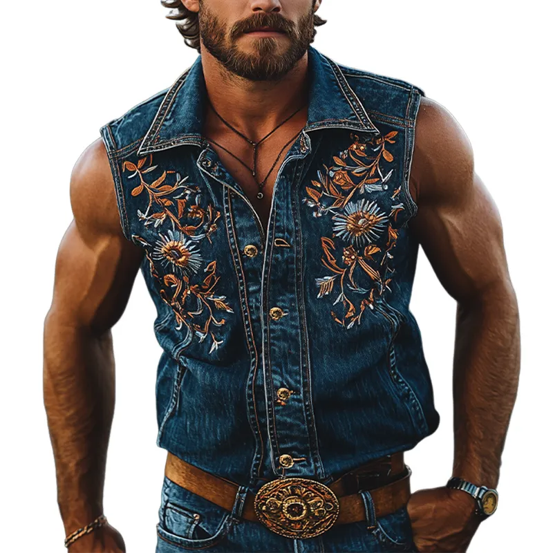 Men's Summer Fashion Retro Western Cowboy Style Denim Embroidery Sleeveless Shirt MTA2846D4K sold by Manly