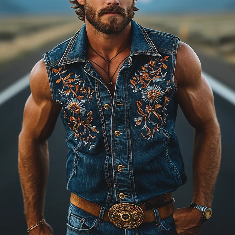 Men's Summer Fashion Retro Western Cowboy Style Denim Embroidery Sleeveless Shirt MTA2846D4K sold by Manly product image thumbnail 2