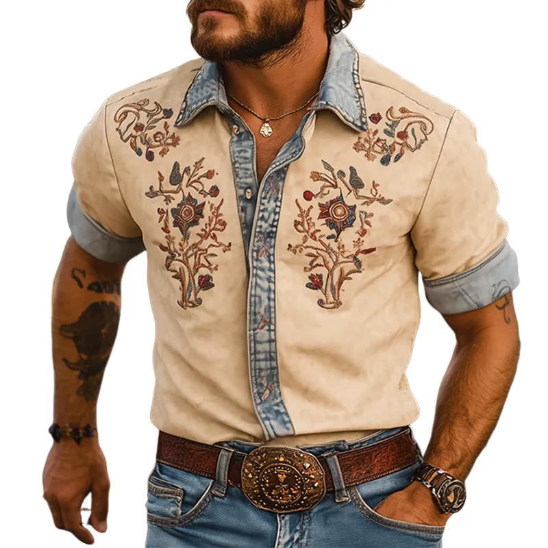 Men's Summer Fashion Retro Western Cowboy Style Denim Stitching Suede Embroidery Short-sleeved Shirt MTA2893D9K sold by Manly