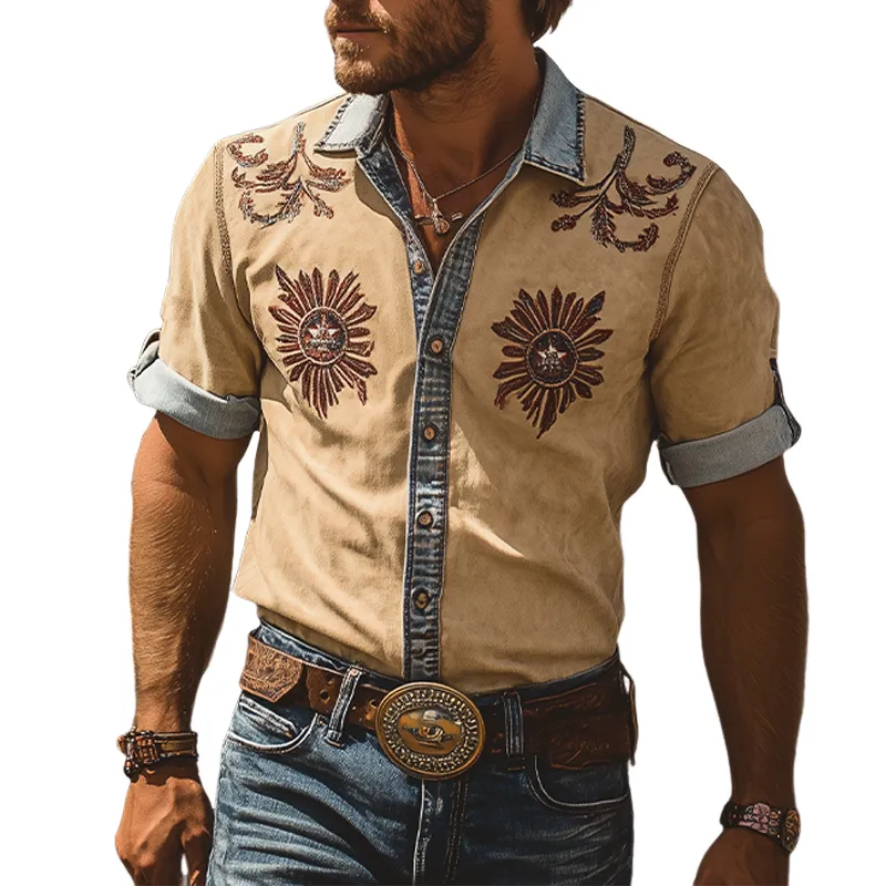 Men's Summer Fashion Retro Western Cowboy Style Denim Stitching Suede Embroidery Short-sleeved Shirt MTA2824D8K sold by Manly