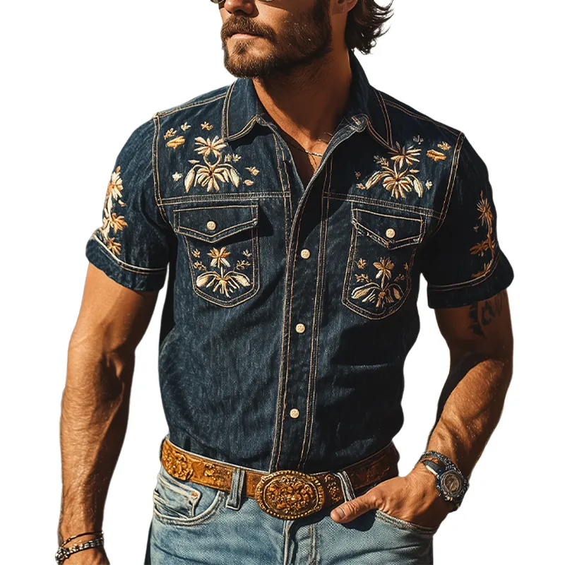 Men's Summer Fashion Classic Retro Western Cowboy Style Denim Embroidery Short Sleeve Shirt MTA2878D6K sold by Manly