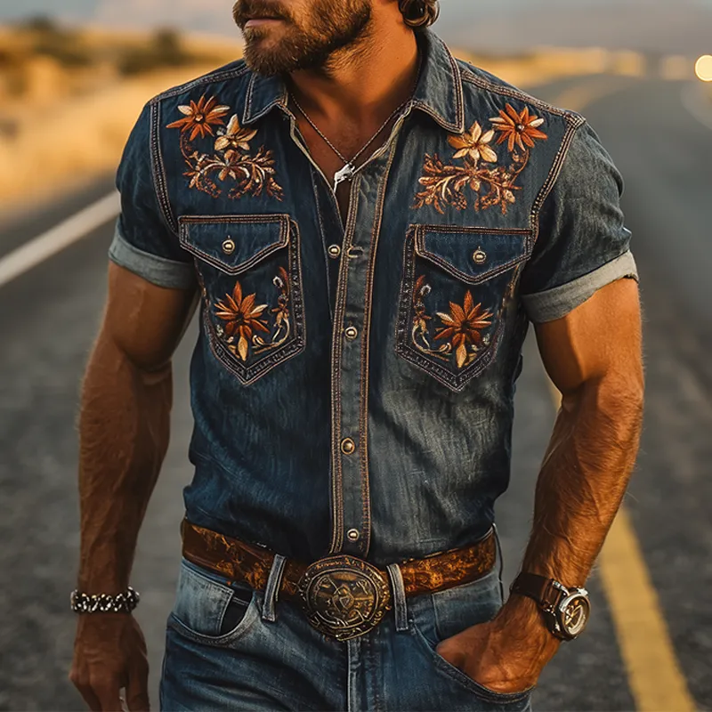 Men's Summer Fashion Classic Retro Western Cowboy Style Embroidered Denim Short-sleeved Shirt MTA2898D2K sold by Manly product image thumbnail 2