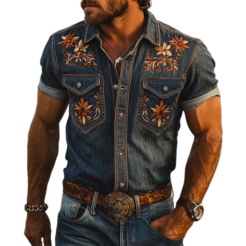 Men's Summer Fashion Classic Retro Western Cowboy Style Embroidered Denim Short-sleeved Shirt MTA2898D2K sold by Manly