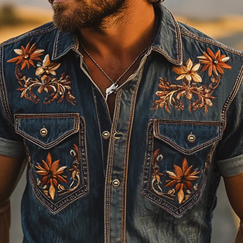 Men's Summer Fashion Classic Retro Western Cowboy Style Embroidered Denim Short-sleeved Shirt MTA2898D2K sold by Manly product image thumbnail 4