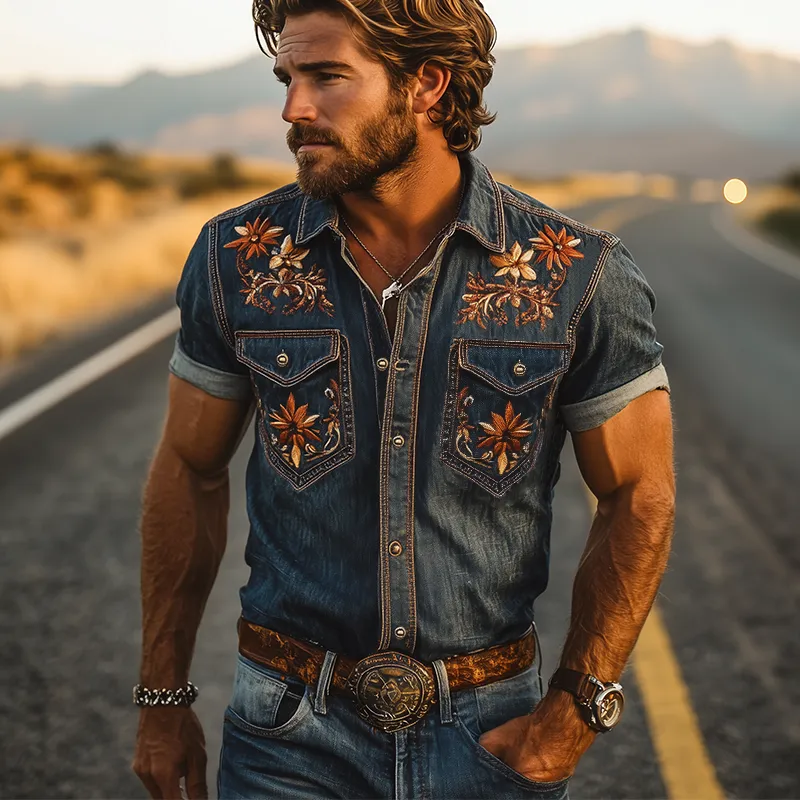 Men's Summer Fashion Classic Retro Western Cowboy Style Embroidered Denim Short-sleeved Shirt MTA2898D2K sold by Manly product image thumbnail 3