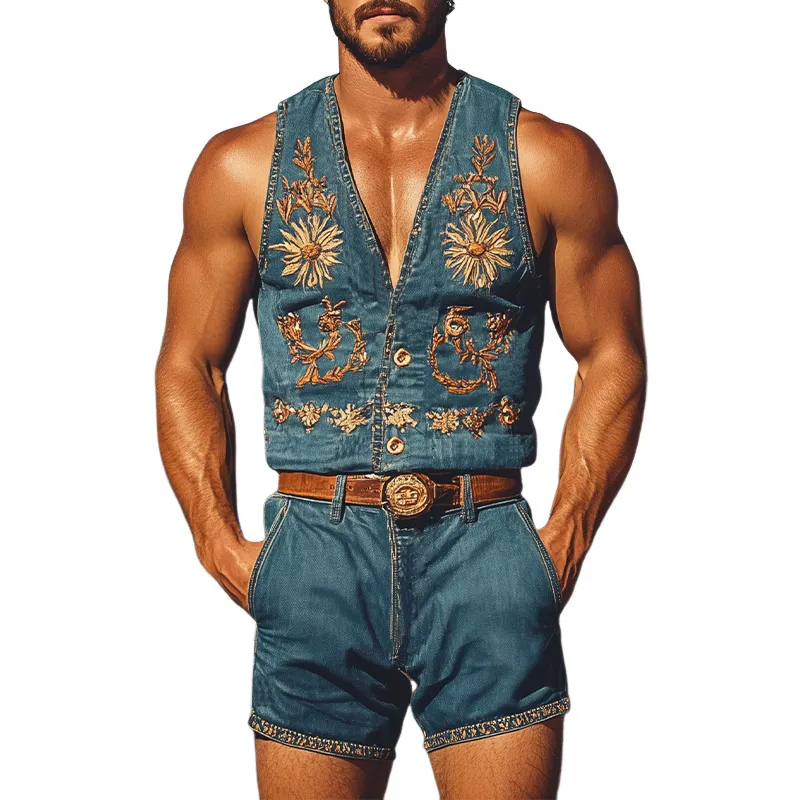 Men's Summer Fashion Retro Western Cowboy Style Embroidered Jumpsuit (Without Belt) MTA1787D0K sold by Manly