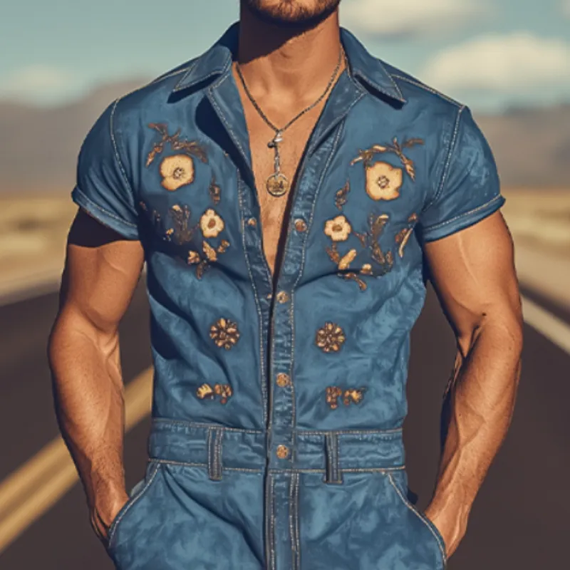 Men's Summer Fashion Retro Western Cowboy Style Embroidered Jumpsuit MTA1762D6K sold by Manly product image thumbnail 4