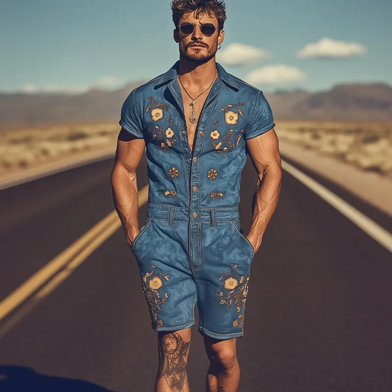 Men's Summer Fashion Retro Western Cowboy Style Embroidered Jumpsuit MTA1762D6K sold by Manly product image thumbnail 3