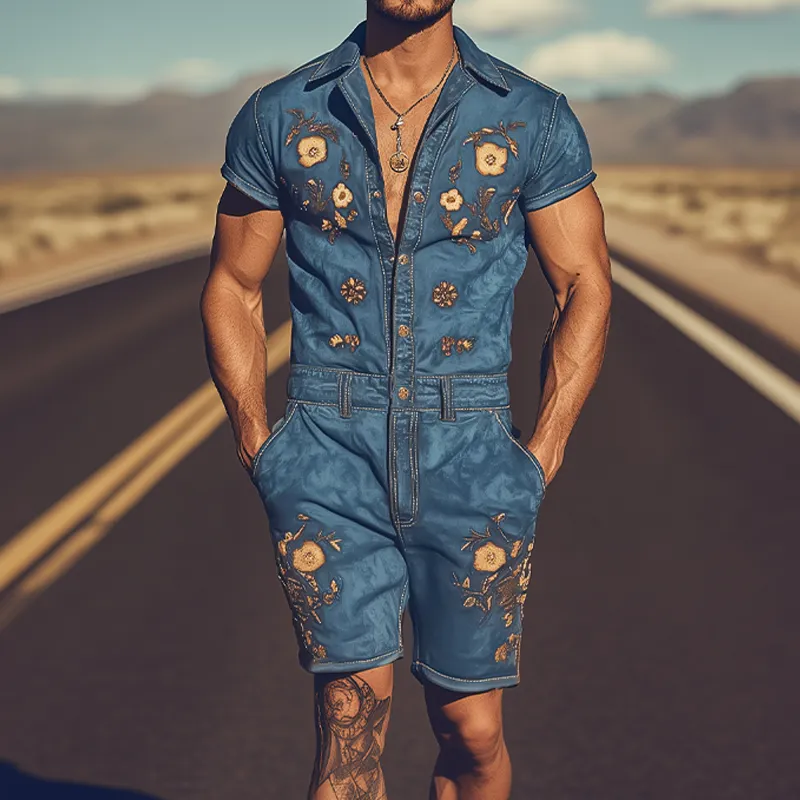 Men's Summer Fashion Retro Western Cowboy Style Embroidered Jumpsuit MTA1762D6K sold by Manly product image thumbnail 2