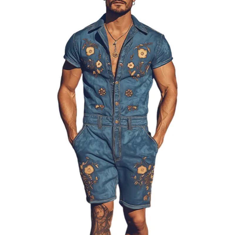 Men's Summer Fashion Retro Western Cowboy Style Embroidered Jumpsuit MTA1762D6K sold by Manly