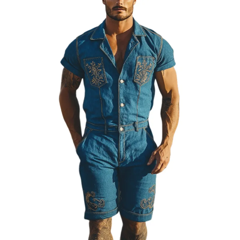 Men's Summer Fashion Retro Western Cowboy Style Pocket Embroidery Jumpsuit MTA1724D1K sold by Manly