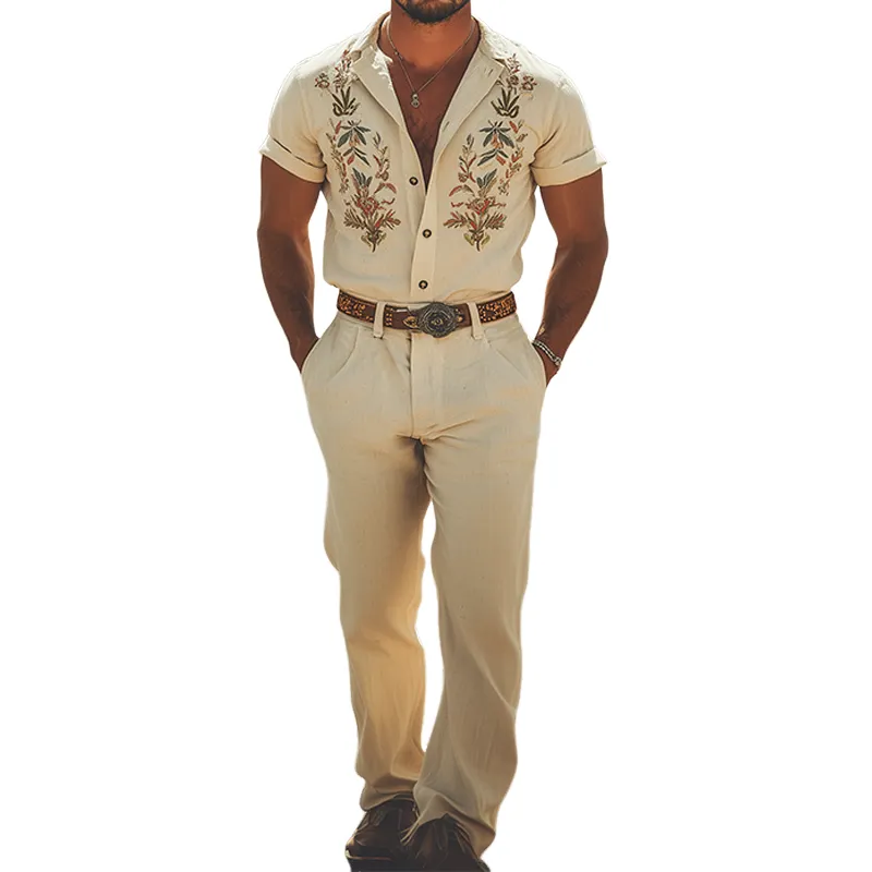 Men's Summer Fashion Retro Western Style Embroidered Cotton and Linen Jumpsuit (Without Belt) MTA2970D7K sold by Manly