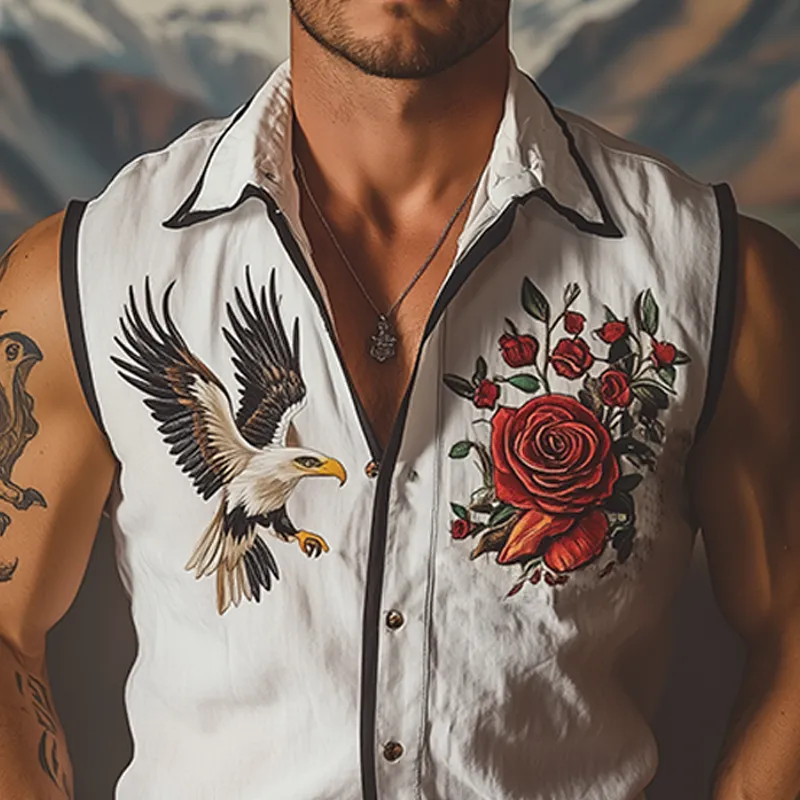 Men's Summer Fashion Retro Western Style Rose and Eagle Embroidery Cotton Linen Sleeveless Shirt MTA2980D5K sold by Manly product image thumbnail 4