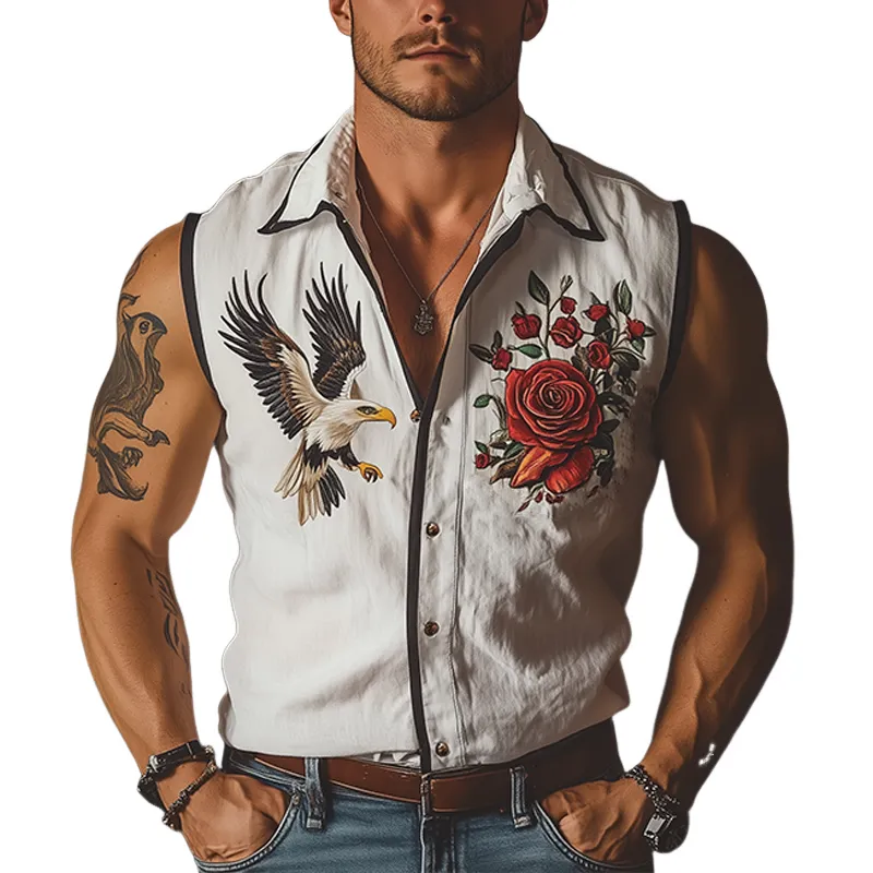 Men's Summer Fashion Retro Western Style Rose and Eagle Embroidery Cotton Linen Sleeveless Shirt MTA2980D5K sold by Manly