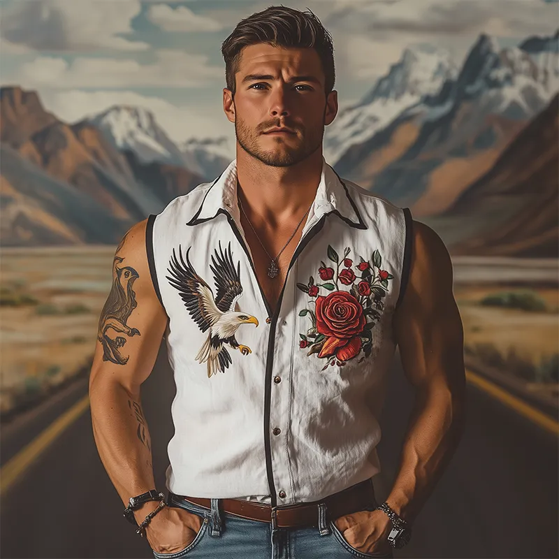 Men's Summer Fashion Retro Western Style Rose and Eagle Embroidery Cotton Linen Sleeveless Shirt MTA2980D5K sold by Manly product image thumbnail 3