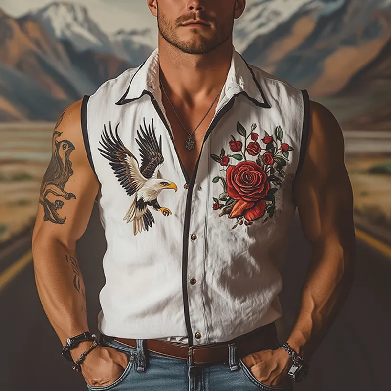 Men's Summer Fashion Retro Western Style Rose and Eagle Embroidery Cotton Linen Sleeveless Shirt MTA2980D5K sold by Manly product image thumbnail 2