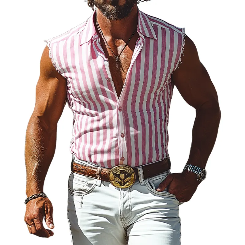 Men's Summer Fashion Casual Retro Western Style Striped Cotton Blend Slim Fit Sleeveless Shirt MTA2847D0K sold by Manly