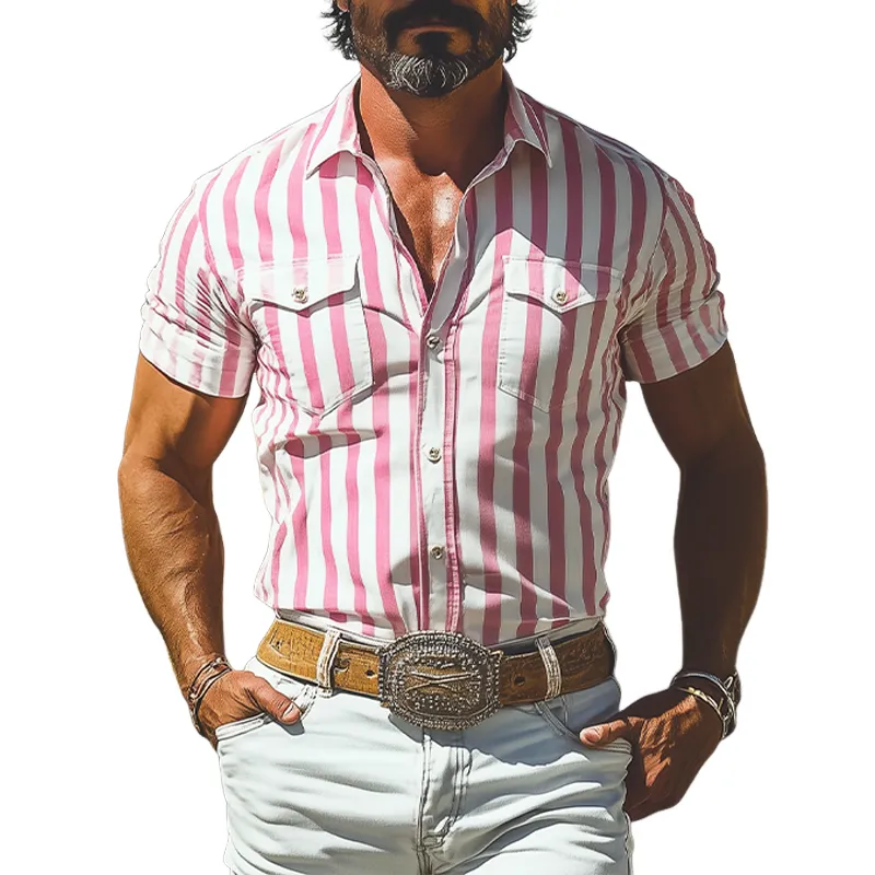 Men's Summer Fashion Casual Retro Western Style Vertical Striped Cotton Blended Slim Fit Short Sleeve Shirt MTA2893D8K sold by Manly