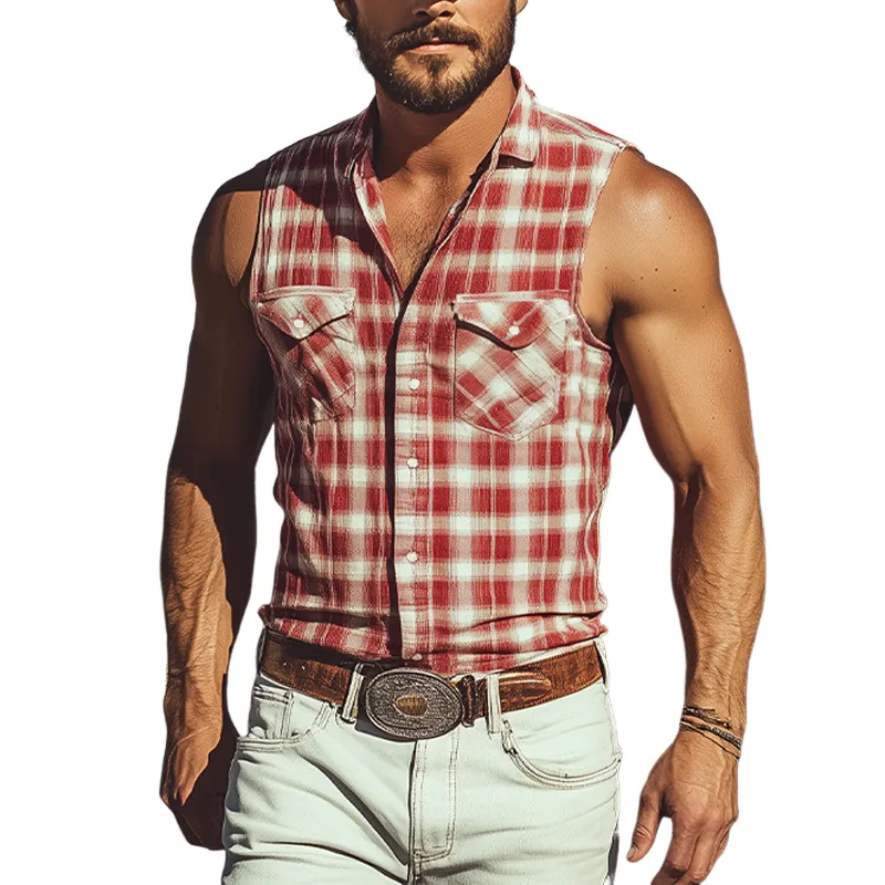Men's Summer Casual Retro Western Cowboy Plaid Cotton and Linen Sleeveless Shirt MTA2865D7K sold by Manly