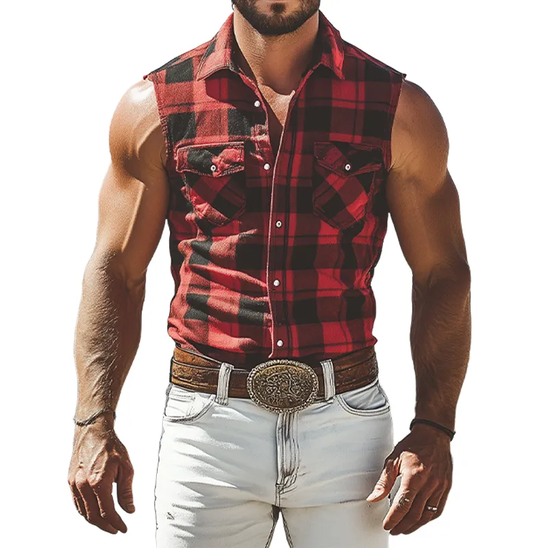 Men's Summer Casual Retro Western Denim Plaid Cotton Blended Sleeveless Shirt MTA2864D4K sold by Manly