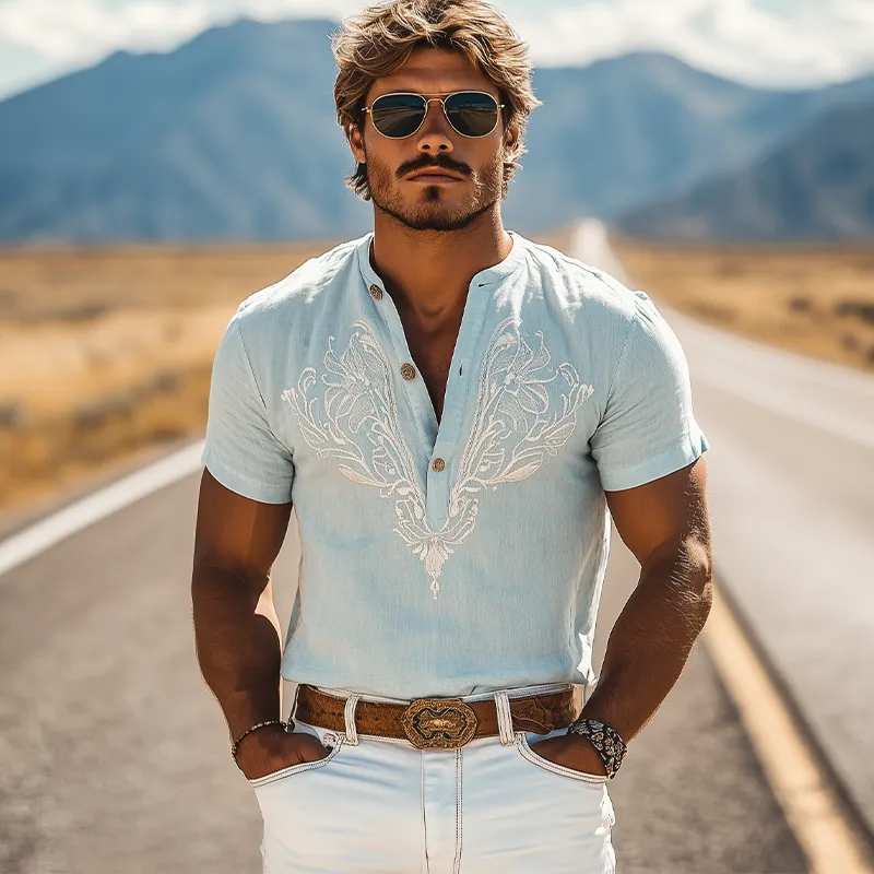 Men's Summer Fashion Casual Retro Western Style Embroidery Cotton and Linen Henley Collar T-Shirt MTA2819D5K sold by Manly product image thumbnail 3