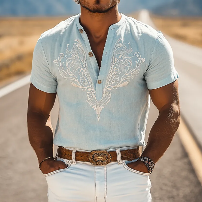 Men's Summer Fashion Casual Retro Western Style Embroidery Cotton and Linen Henley Collar T-Shirt MTA2819D5K sold by Manly product image thumbnail 2