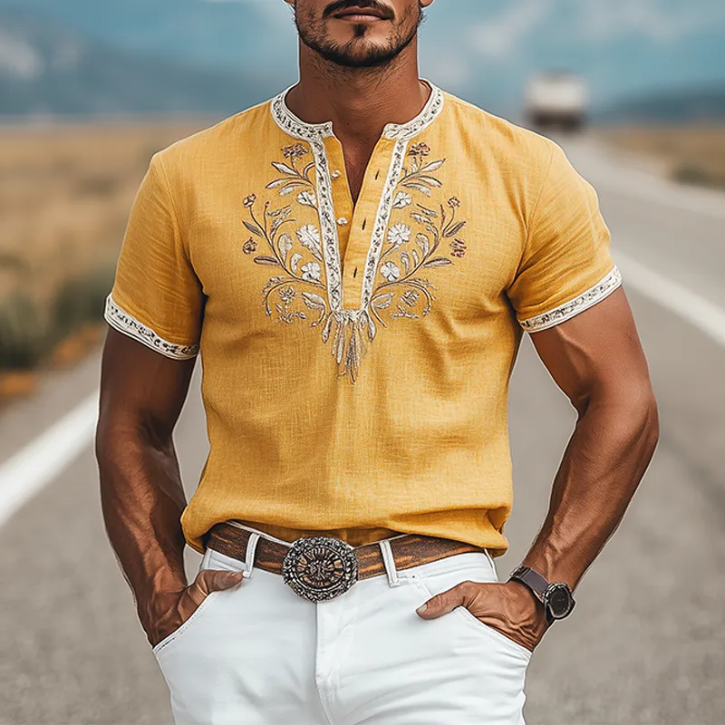 Men's Summer Fashion Casual Retro Western Style Embroidered Cotton and Linen Henley Collar T-Shirt MTA2803D0K sold by Manly product image thumbnail 2