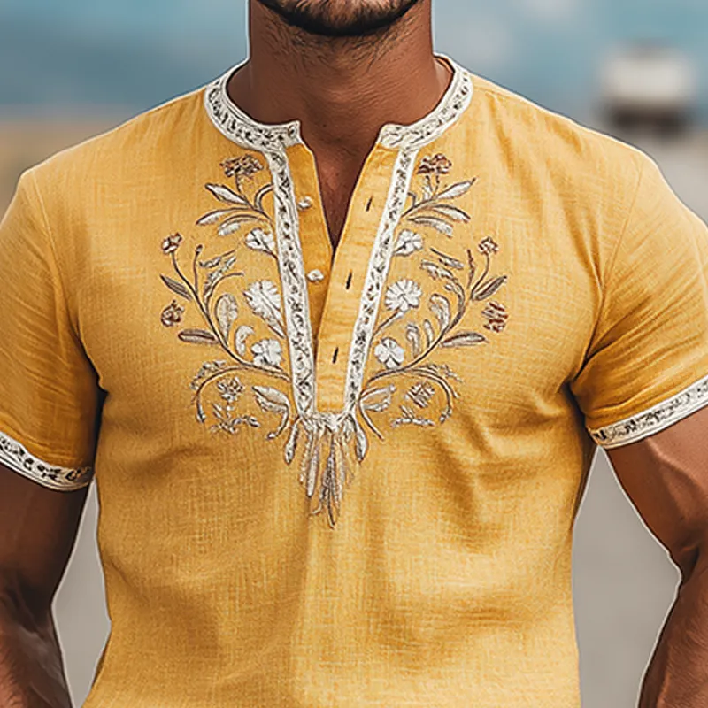Men's Summer Fashion Casual Retro Western Style Embroidered Cotton and Linen Henley Collar T-Shirt MTA2803D0K sold by Manly product image thumbnail 4