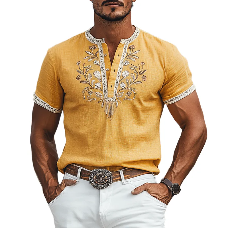 Men's Summer Fashion Casual Retro Western Style Embroidered Cotton and Linen Henley Collar T-Shirt MTA2803D0K sold by Manly