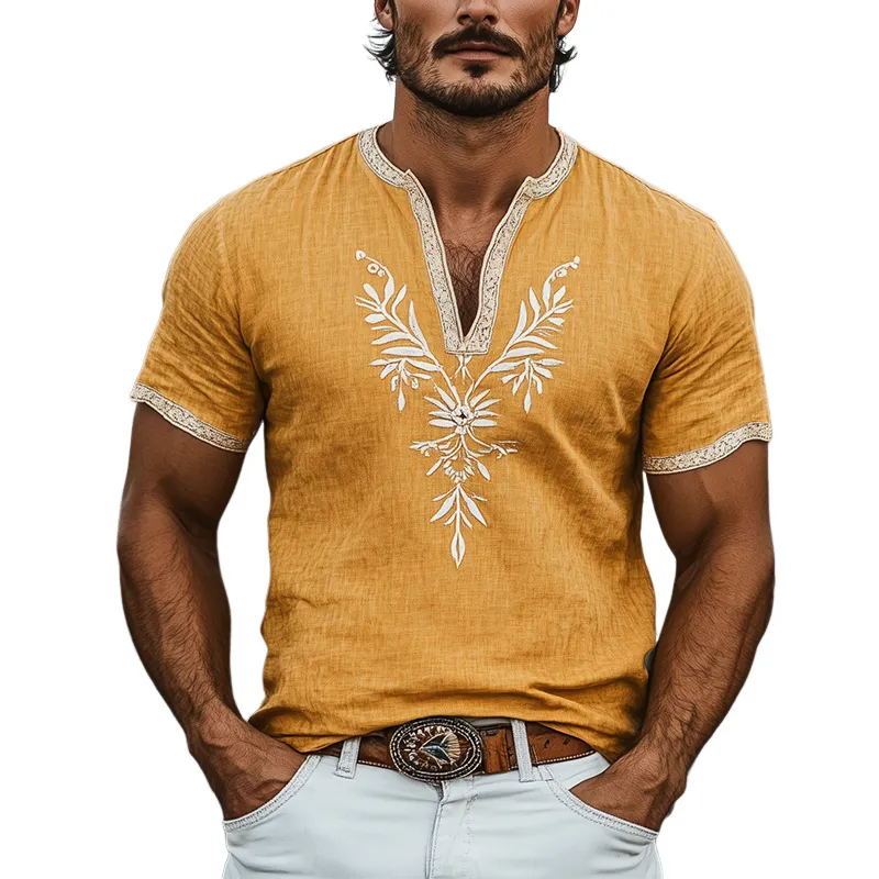 Men's Summer Fashion casual Retro Western Style Cotton and Linen Embroidered Short-sleeved T-shirt MTA2887D8K sold by Manly