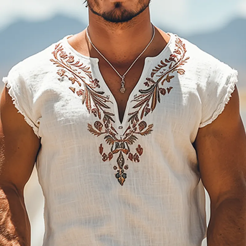 Men's Summer Fashion Casual Retro Western Style Cotton and Linen Embroidered V-neck T-shirt MTA2835D1K sold by Manly product image thumbnail 4