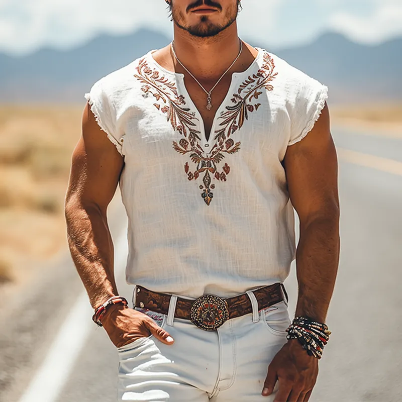 Men's Summer Fashion Casual Retro Western Style Cotton and Linen Embroidered V-neck T-shirt MTA2835D1K sold by Manly product image thumbnail 2