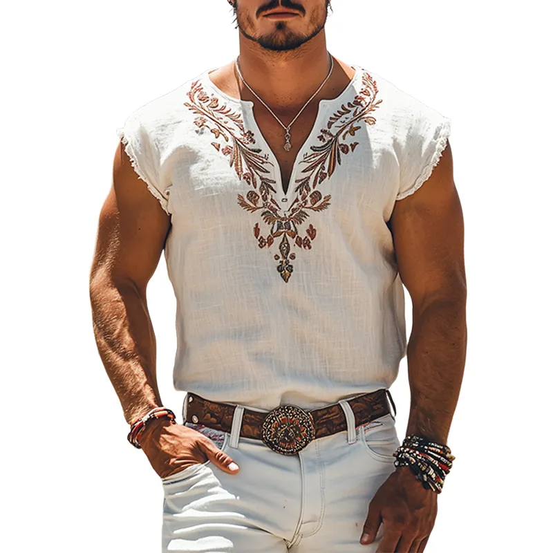 Men's Summer Fashion Casual Retro Western Style Cotton and Linen Embroidered V-neck T-shirt MTA2835D1K sold by Manly