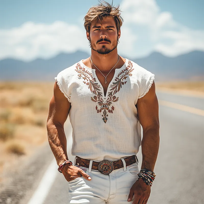 Men's Summer Fashion Casual Retro Western Style Cotton and Linen Embroidered V-neck T-shirt MTA2835D1K sold by Manly product image thumbnail 3