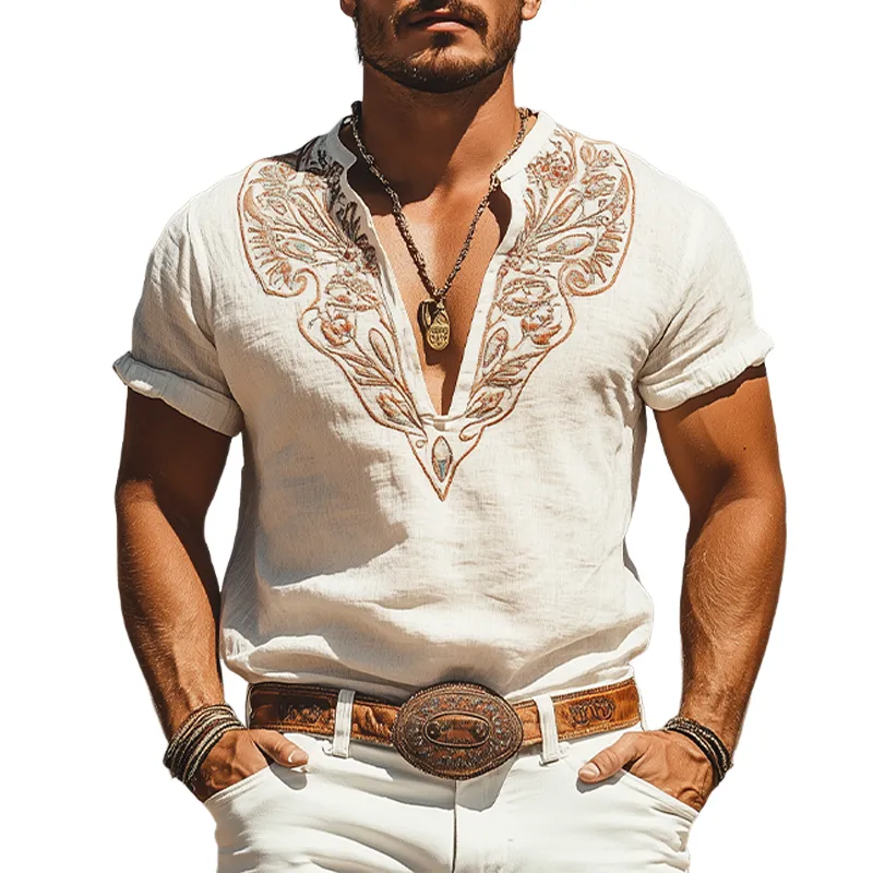 Men's Summer Fashion Casual Retro Western Style Cotton and Linen Embroidered Henley Collar Shirt MTA2884D2K sold by Manly