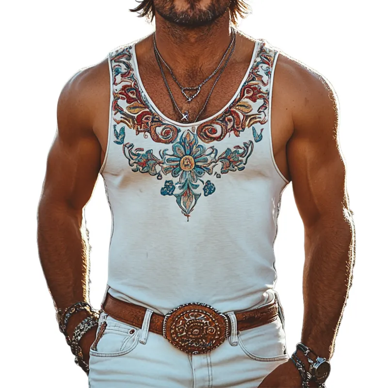 Men's Summer Fashion Classic Retro Western Style Embroidered Cotton Blend Tank Top MTA2894D8K sold by Manly