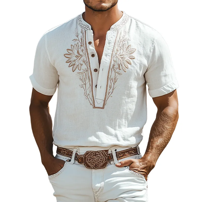 Men's Summer Fashion Classic Retro Western Style Embroidered Cotton Linen Henley Collar Short Sleeve Shirt MTA2852D2K sold by Manly