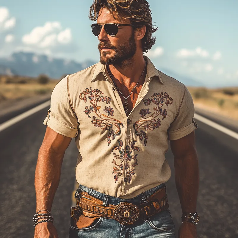 Men's Summer Fashion Classic Retro Western Style Embroidered Linen Short Sleeve Shirt MTA2817D6K sold by Manly product image thumbnail 3