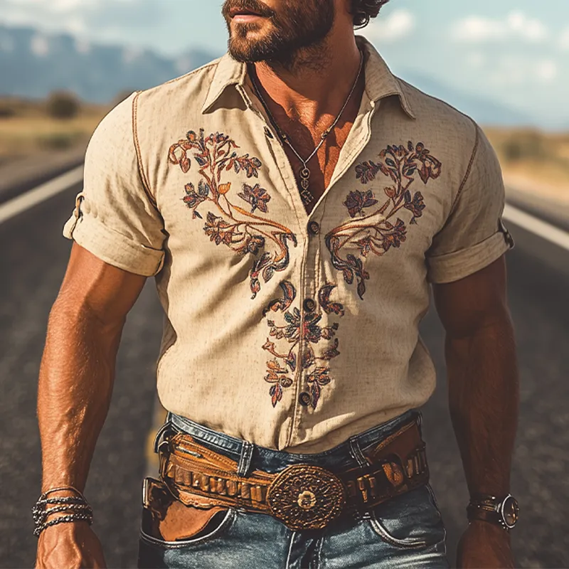 Men's Summer Fashion Classic Retro Western Style Embroidered Linen Short Sleeve Shirt MTA2817D6K sold by Manly product image thumbnail 2