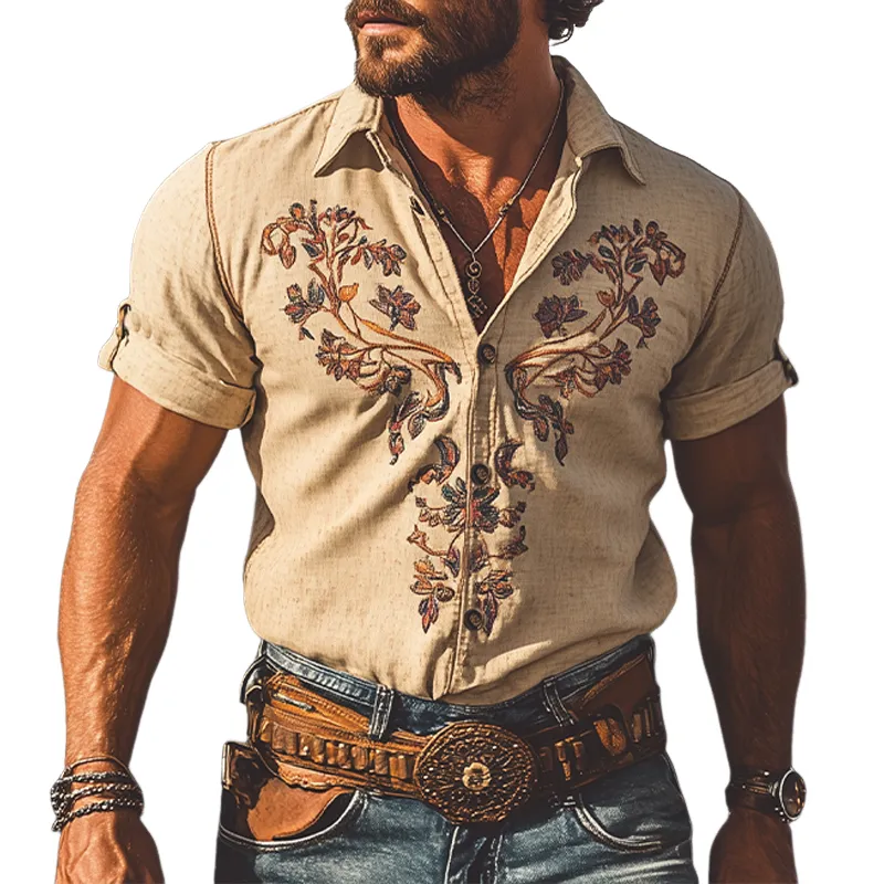 Men's Summer Fashion Classic Retro Western Style Embroidered Linen Short Sleeve Shirt MTA2817D6K sold by Manly