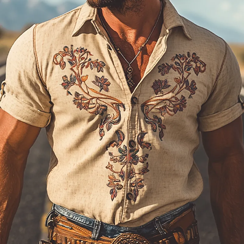 Men's Summer Fashion Classic Retro Western Style Embroidered Linen Short Sleeve Shirt MTA2817D6K sold by Manly product image thumbnail 4