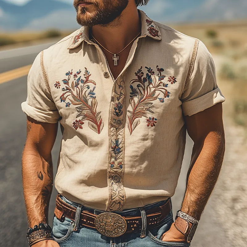 Men's Summer Fashion Classic Retro Western Style Embroidered Cotton and Linen Short Sleeve Shirt MTA2807D7K sold by Manly product image thumbnail 2